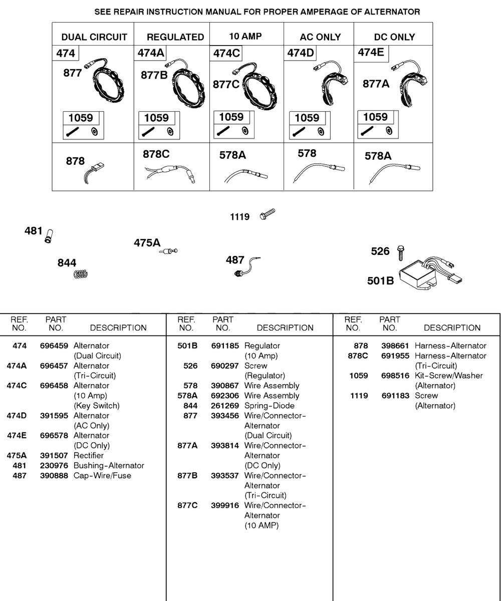 Alternators Diagram and Parts List for  Briggs and Stratton Engine